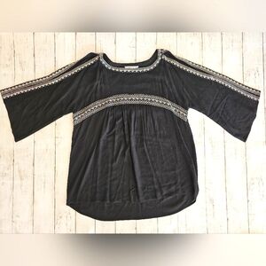 Miss Me Black Cold Shoulder Flowy Cream Aztec Embroidered Blouse Bell Sleeve